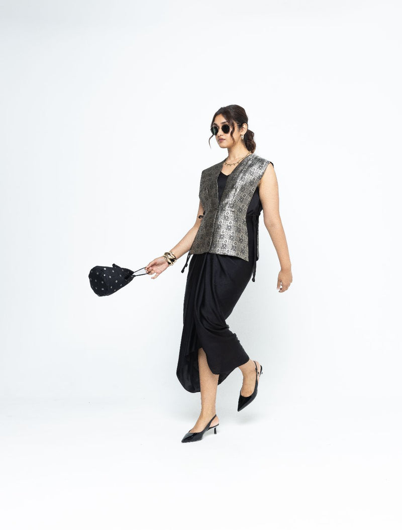 Alia - Brocade Gilet paired with Assymetrical Dress - Black satin by SOBARIKO in black color for women Worldwide