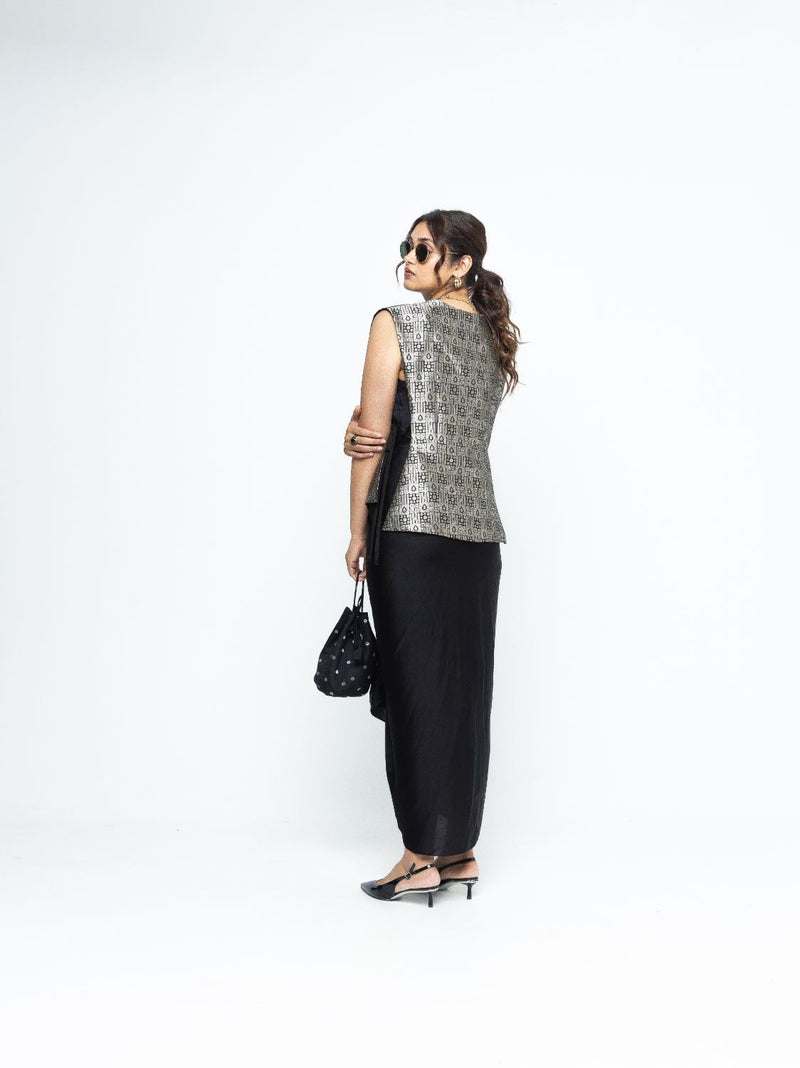 Alia - Brocade Gilet paired with Assymetrical Dress - Black satin by SOBARIKO in black color for women Worldwide
