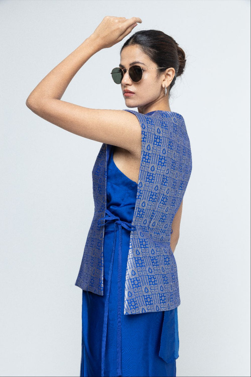 Alia - Brocade Gilet paired with Assymetrical Dress - Blue satin by SOBARIKO in blue color for women Worldwide