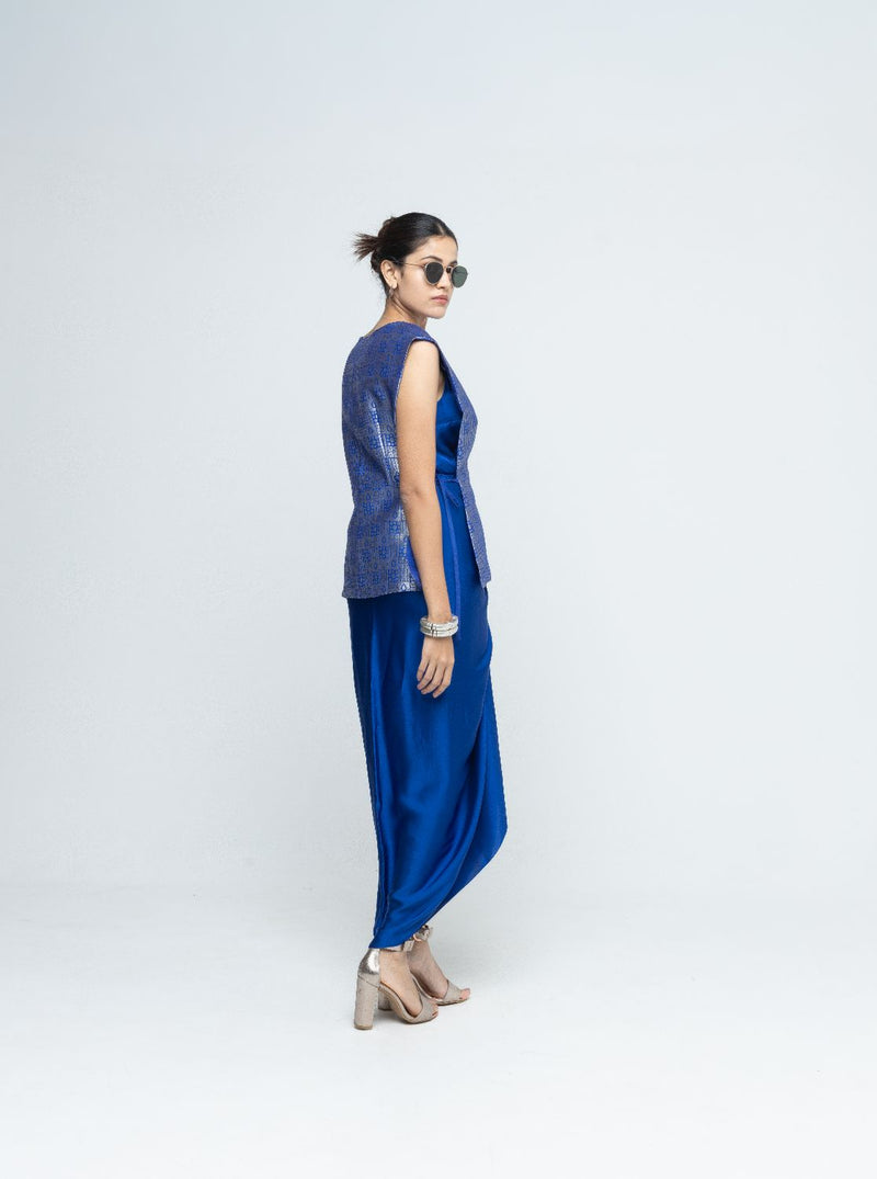 Alia - Brocade Gilet paired with Assymetrical Dress - Blue satin by SOBARIKO in blue color for women Worldwide
