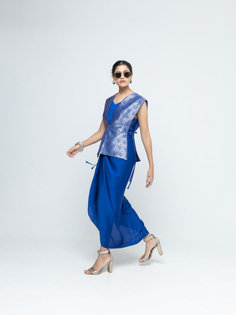 Alia - Brocade Gilet paired with Assymetrical Dress - Blue satin by SOBARIKO in blue color for women Worldwide