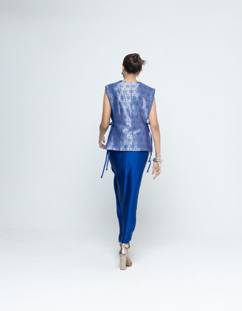 Alia - Brocade Gilet paired with Assymetrical Dress - Blue satin by SOBARIKO in blue color for women Worldwide