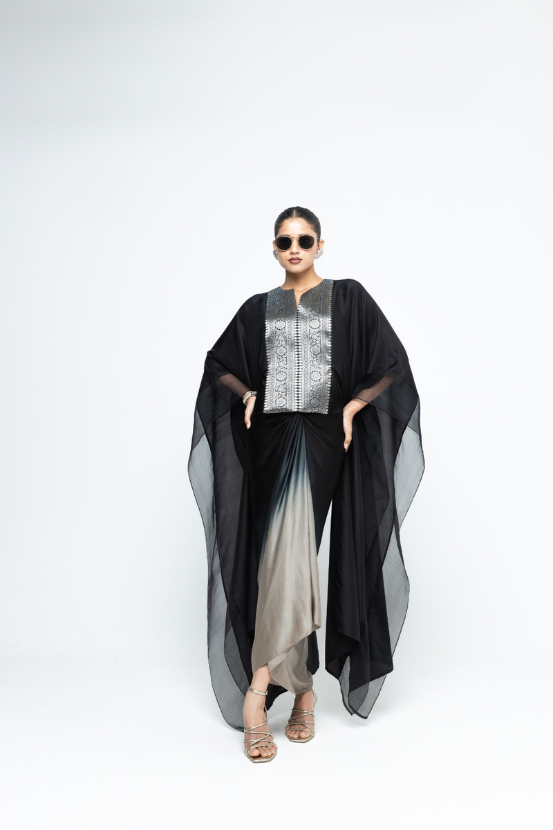 Onaya - Silk Cape and Ombre Dress set - Black satin by SOBARIKO in black color for women Worldwide