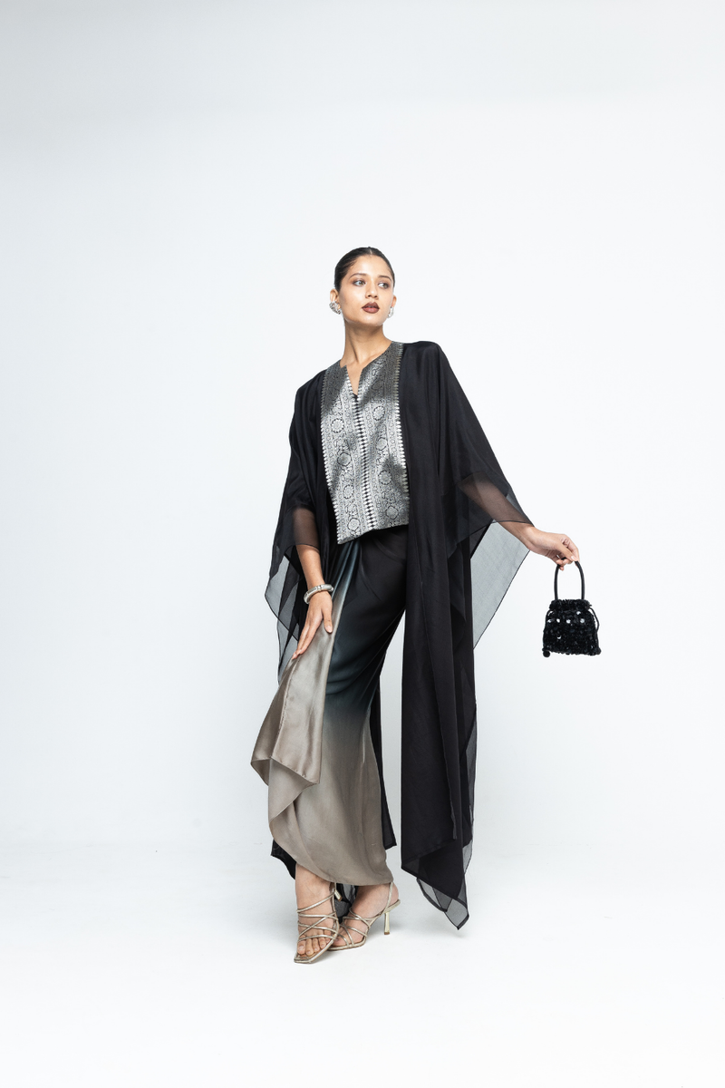 Onaya - Silk Cape and Ombre Dress set - Black satin by SOBARIKO in black color for women Worldwide