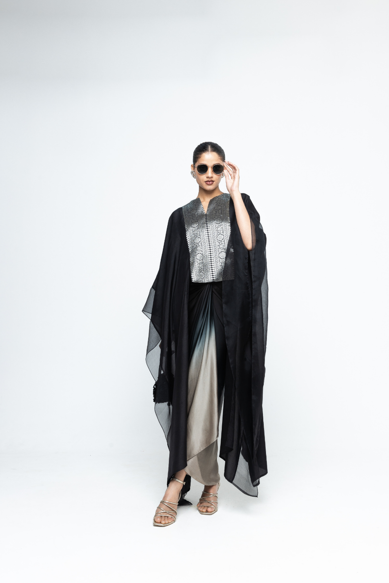 Onaya - Silk Cape and Ombre Dress set - Black satin by SOBARIKO in black color for women Worldwide