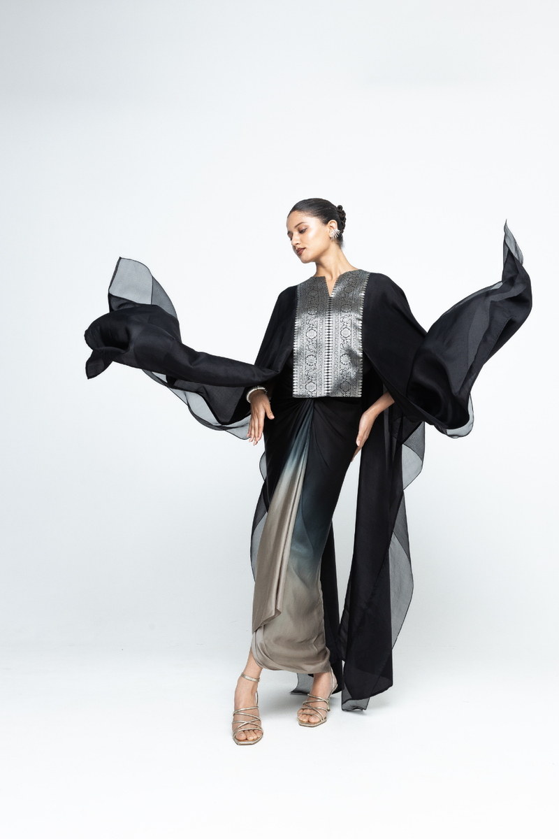 Onaya - Silk Cape and Ombre Dress set - Black satin by SOBARIKO in black color for women Worldwide