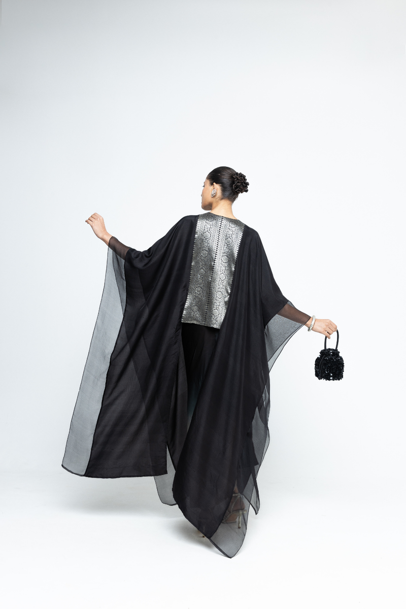 Onaya - Silk Cape and Ombre Dress set - Black satin by SOBARIKO in black color for women Worldwide