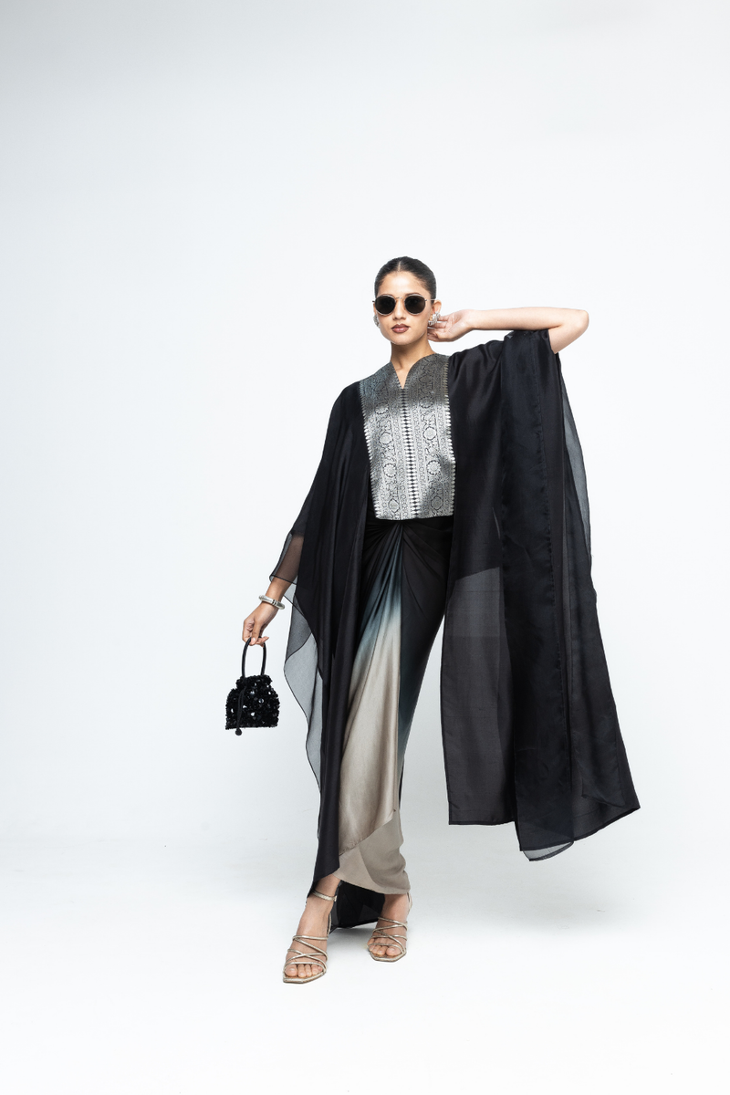 Onaya - Silk Cape and Ombre Dress set - Black satin by SOBARIKO in black color for women Worldwide