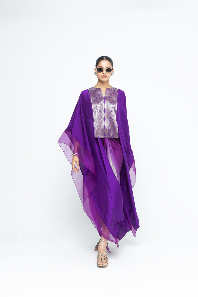 Onaya - Silk Cape and Ombre Dress set - Purple satin by SOBARIKO in purple color for women Worldwide
