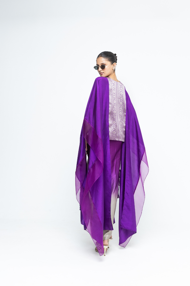Onaya - Silk Cape and Ombre Dress set - Purple satin by SOBARIKO in purple color for women Worldwide