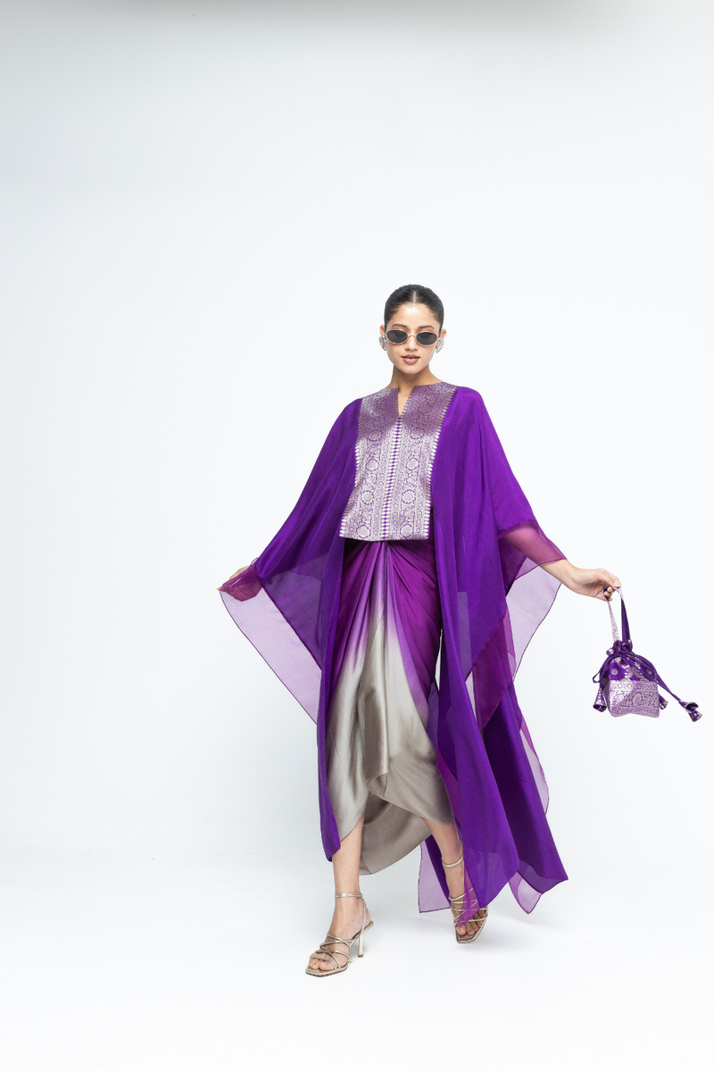 Onaya - Silk Cape and Ombre Dress set - Purple satin by SOBARIKO in purple color for women Worldwide