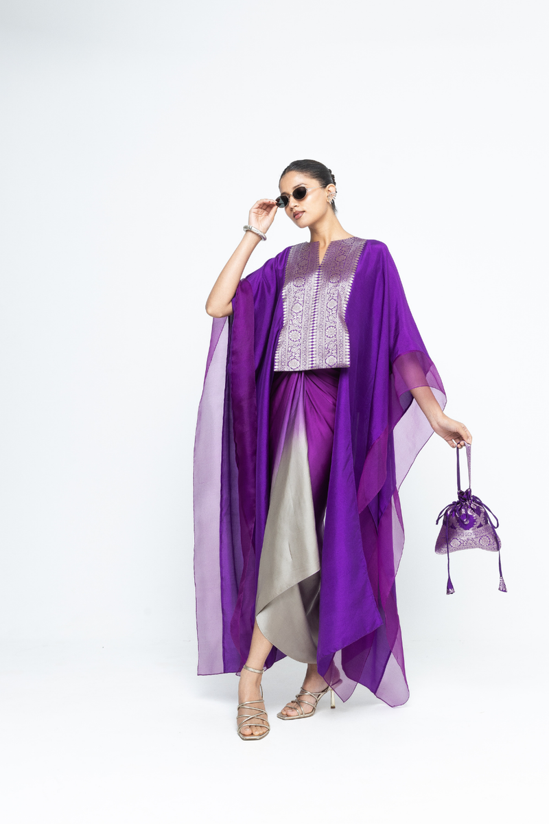Onaya - Silk Cape and Ombre Dress set - Purple satin by SOBARIKO in purple color for women Worldwide