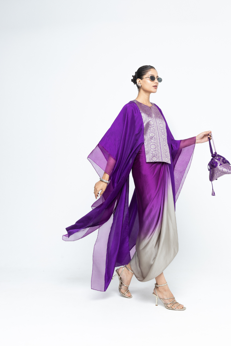 Onaya - Silk Cape and Ombre Dress set - Purple satin by SOBARIKO in purple color for women Worldwide