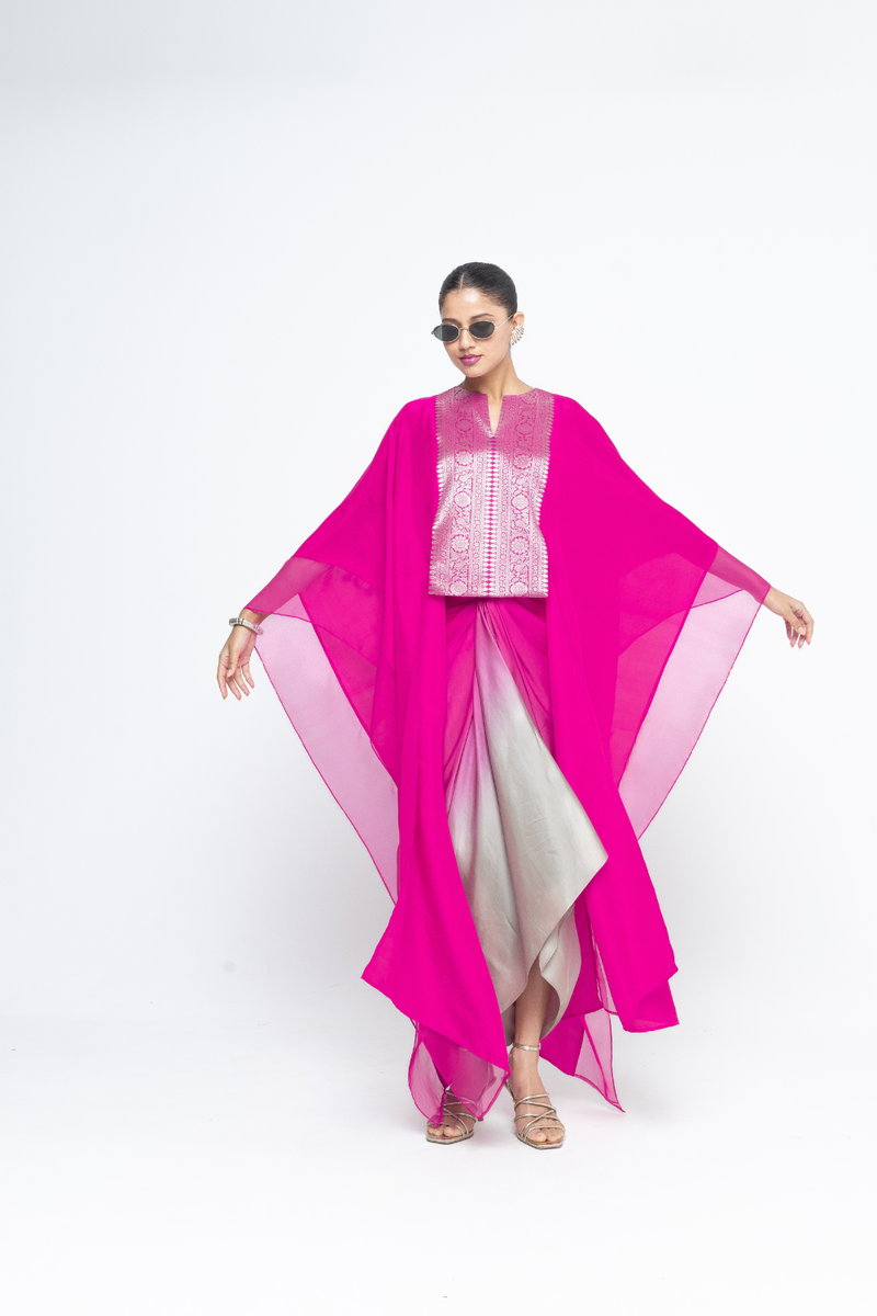 Onaya - Silk Cape and Ombre Dress set - Pink satin by SOBARIKO in pink color for women Worldwide