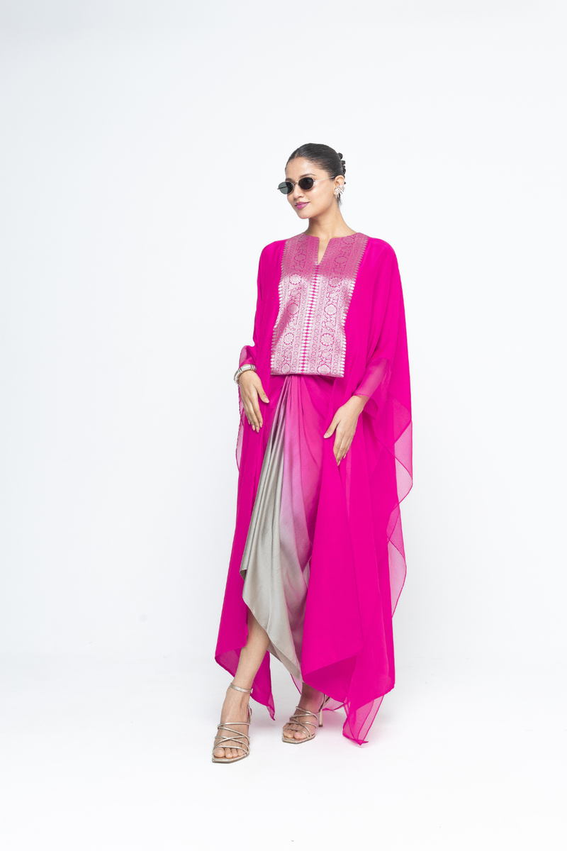 Onaya - Silk Cape and Ombre Dress set - Pink satin by SOBARIKO in pink color for women Worldwide