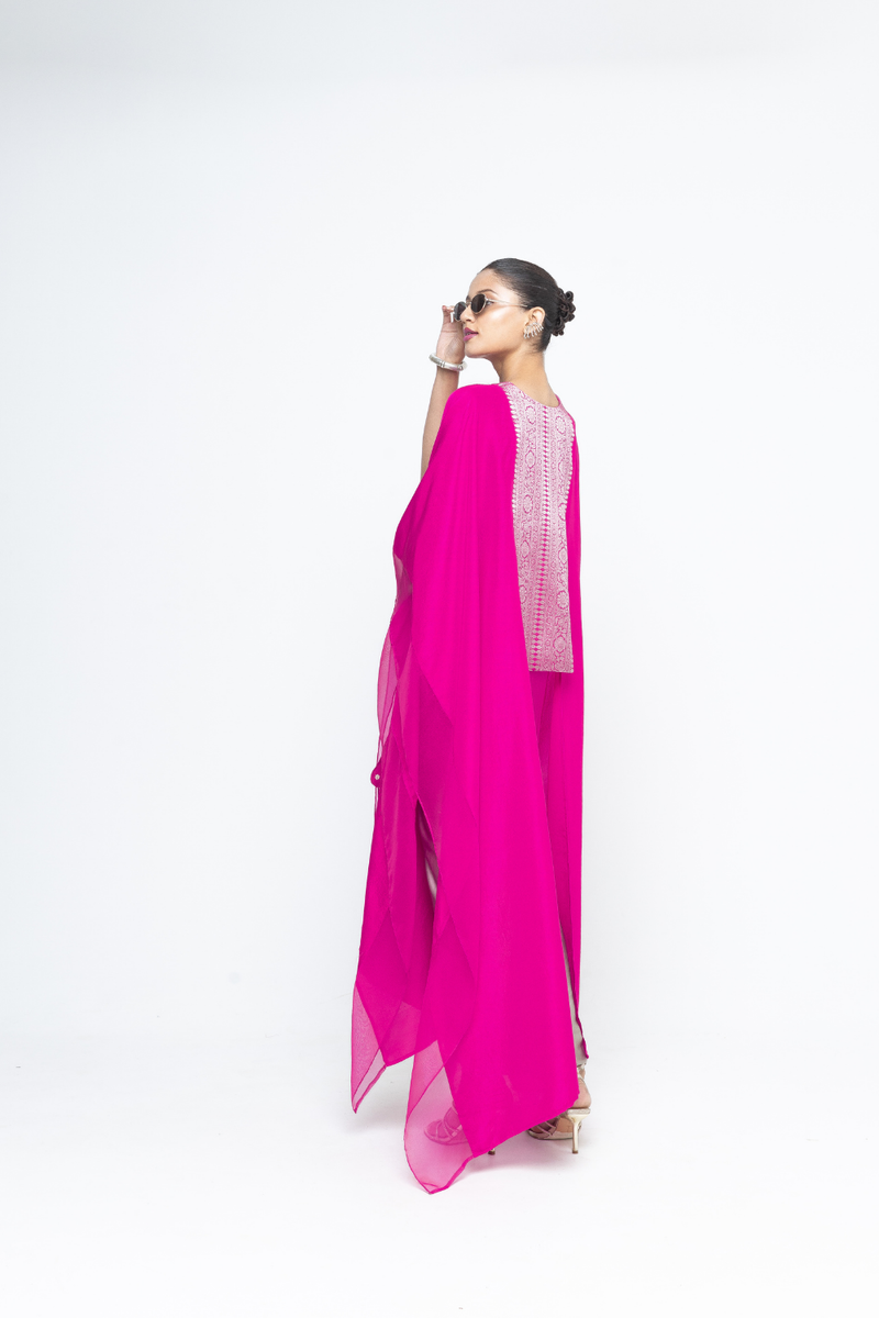 Onaya - Silk Cape and Ombre Dress set - Pink satin by SOBARIKO in pink color for women Worldwide