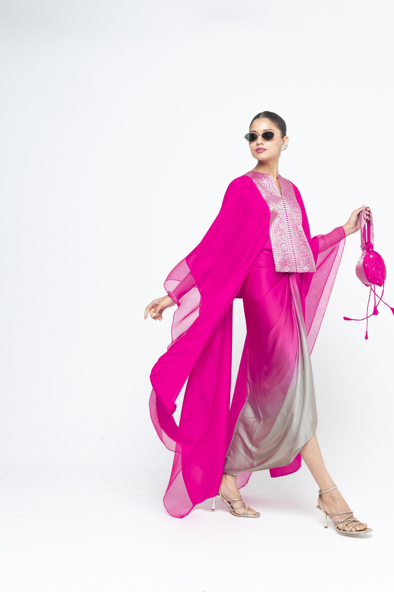 Onaya - Silk Cape and Ombre Dress set - Pink satin by SOBARIKO in pink color for women Worldwide