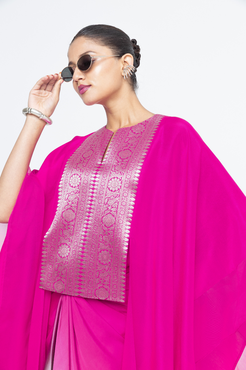 Onaya - Silk Cape and Ombre Dress set - Pink satin by SOBARIKO in pink color for women Worldwide