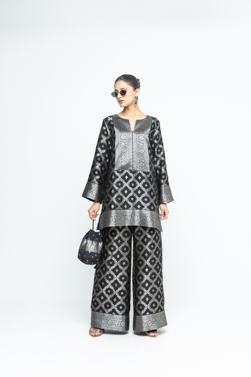 Heera - Brocade Jaal Kurta with Pants - Black silk by SOBARIKO in black color for women Worldwide