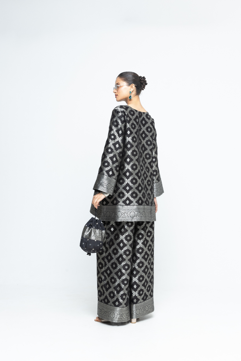 Heera - Brocade Jaal Kurta with Pants - Black silk by SOBARIKO in black color for women Worldwide