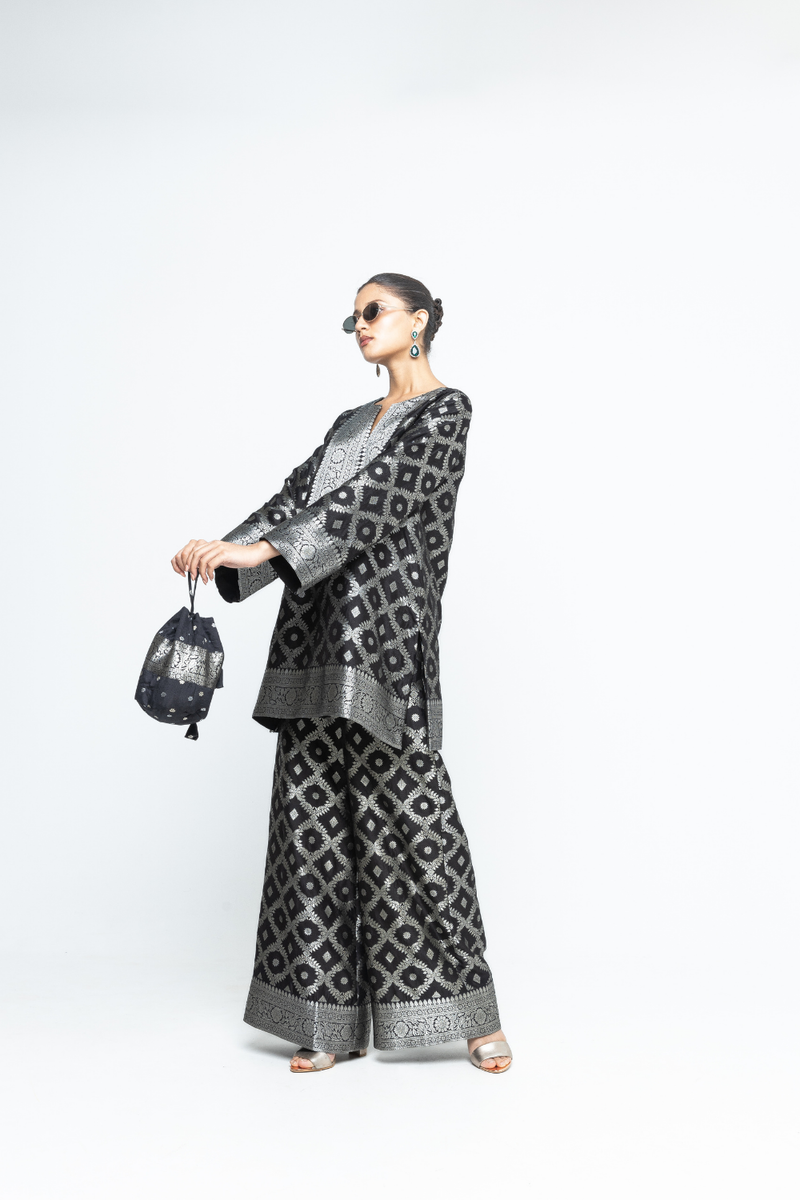Heera - Brocade Jaal Kurta with Pants - Black silk by SOBARIKO in black color for women Worldwide