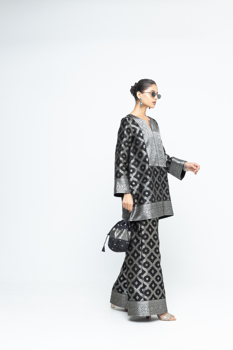 Heera - Brocade Jaal Kurta with Pants - Black silk by SOBARIKO in black color for women Worldwide
