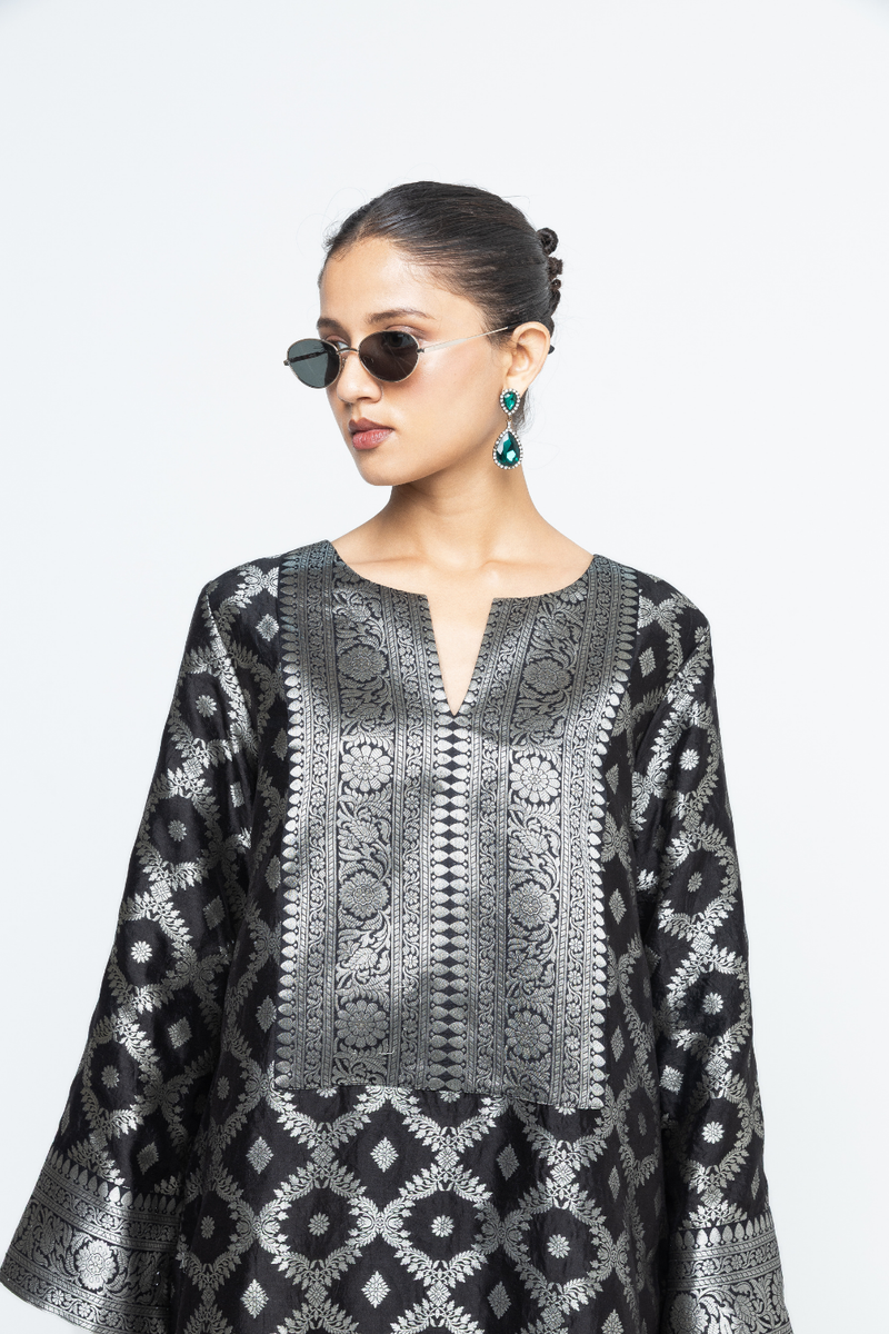 Heera - Brocade Jaal Kurta with Pants - Black silk by SOBARIKO in black color for women Worldwide