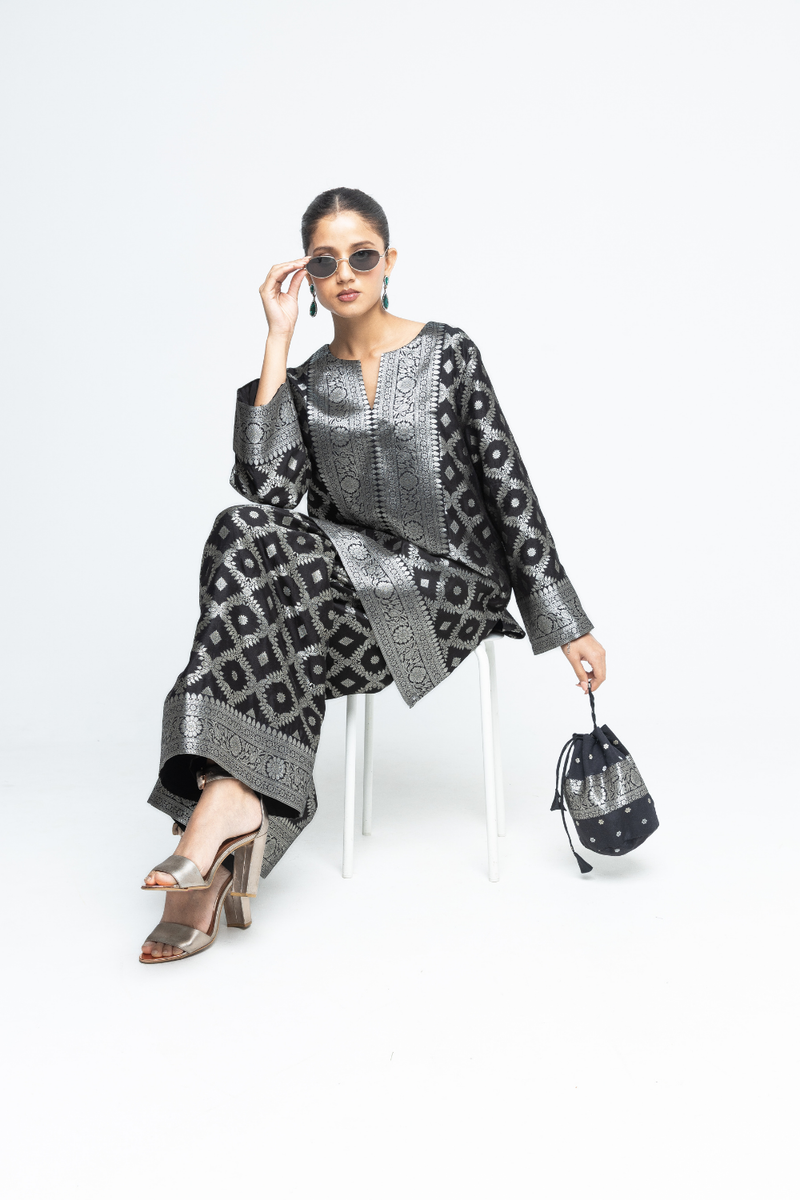 Heera - Brocade Jaal Kurta with Pants - Black silk by SOBARIKO in black color for women Worldwide