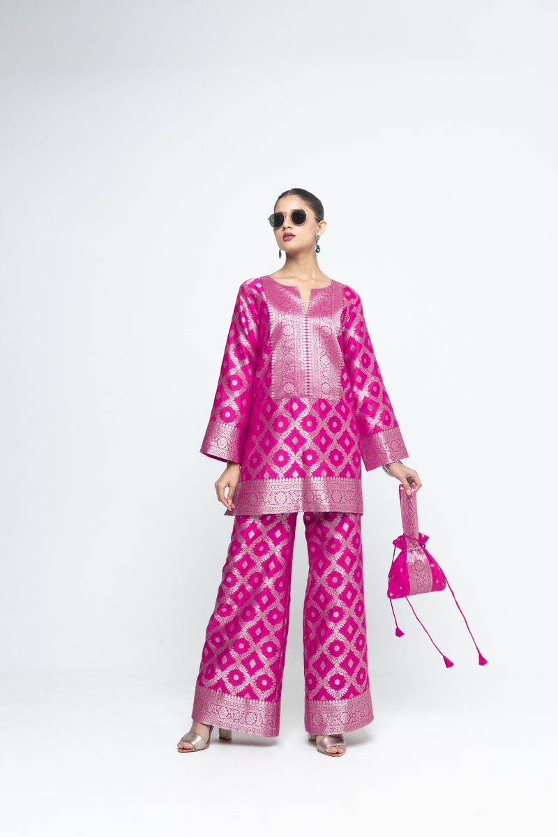 Heera - Brocade Jaal Kurta with Pants - Pink silk by SOBARIKO in pink color for women Worldwide