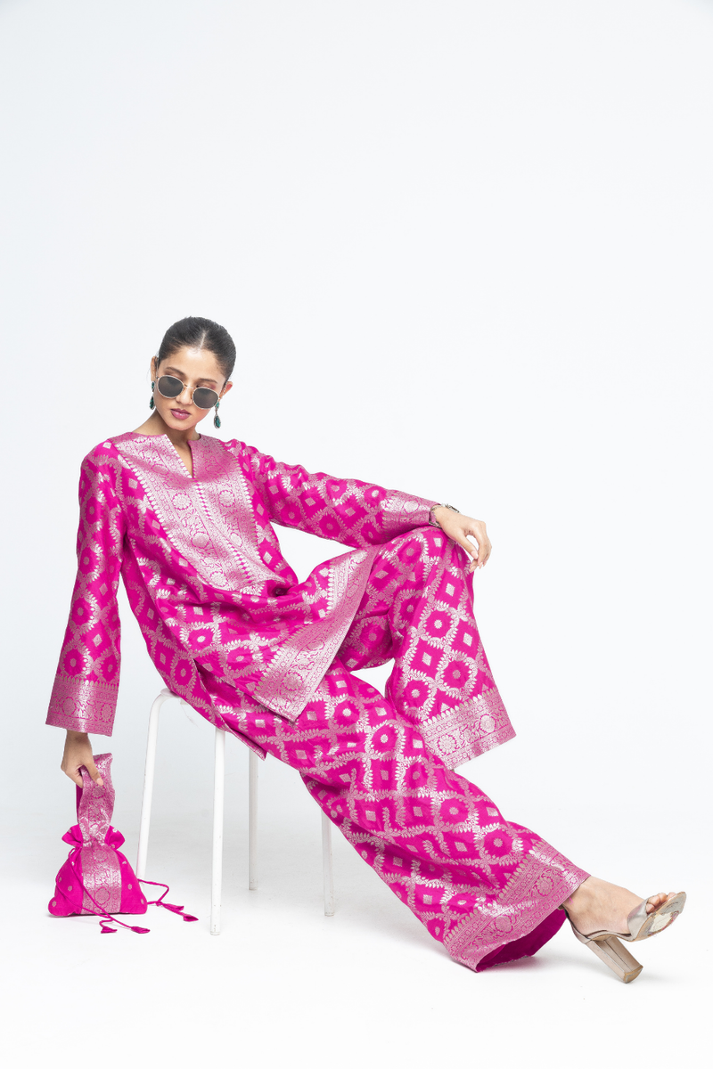 Heera - Brocade Jaal Kurta with Pants - Pink silk by SOBARIKO in pink color for women Worldwide