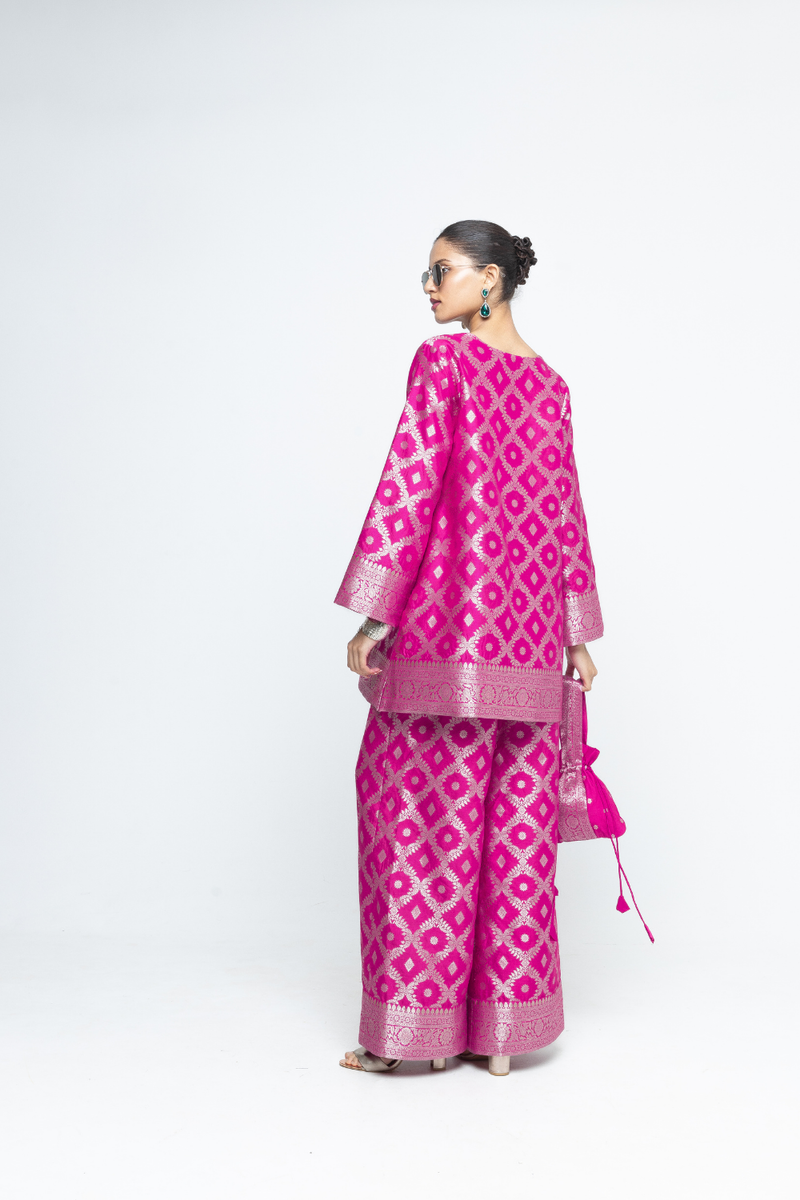 Heera - Brocade Jaal Kurta with Pants - Pink silk by SOBARIKO in pink color for women Worldwide