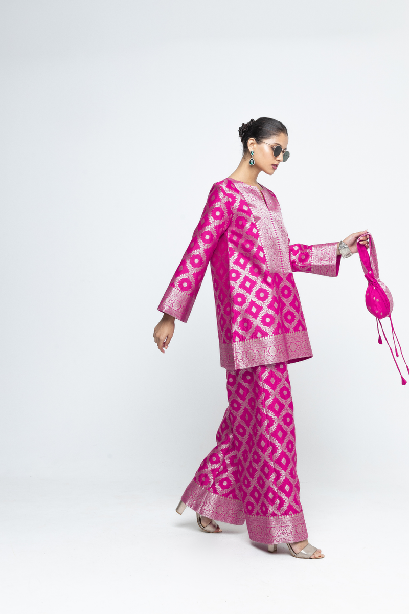 Heera - Brocade Jaal Kurta with Pants - Pink silk by SOBARIKO in pink color for women Worldwide