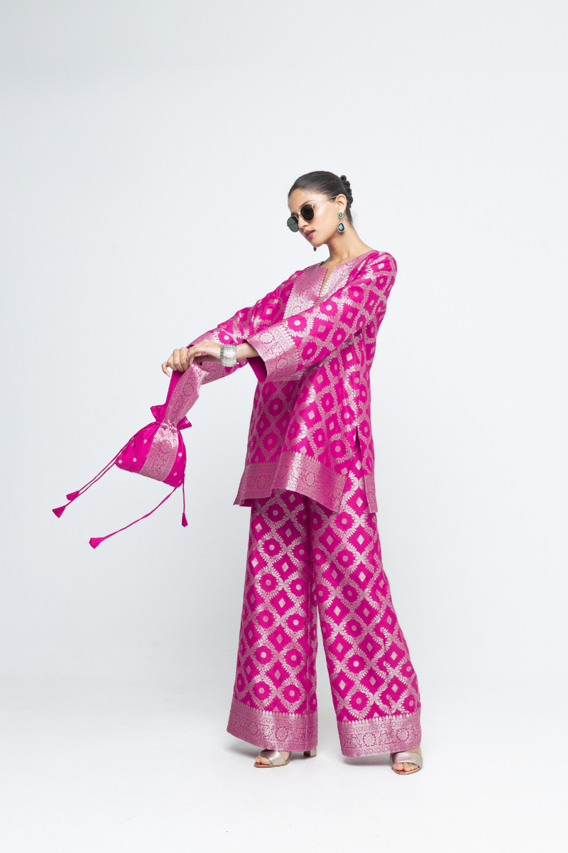 Heera - Brocade Jaal Kurta with Pants - Pink silk by SOBARIKO in pink color for women Worldwide