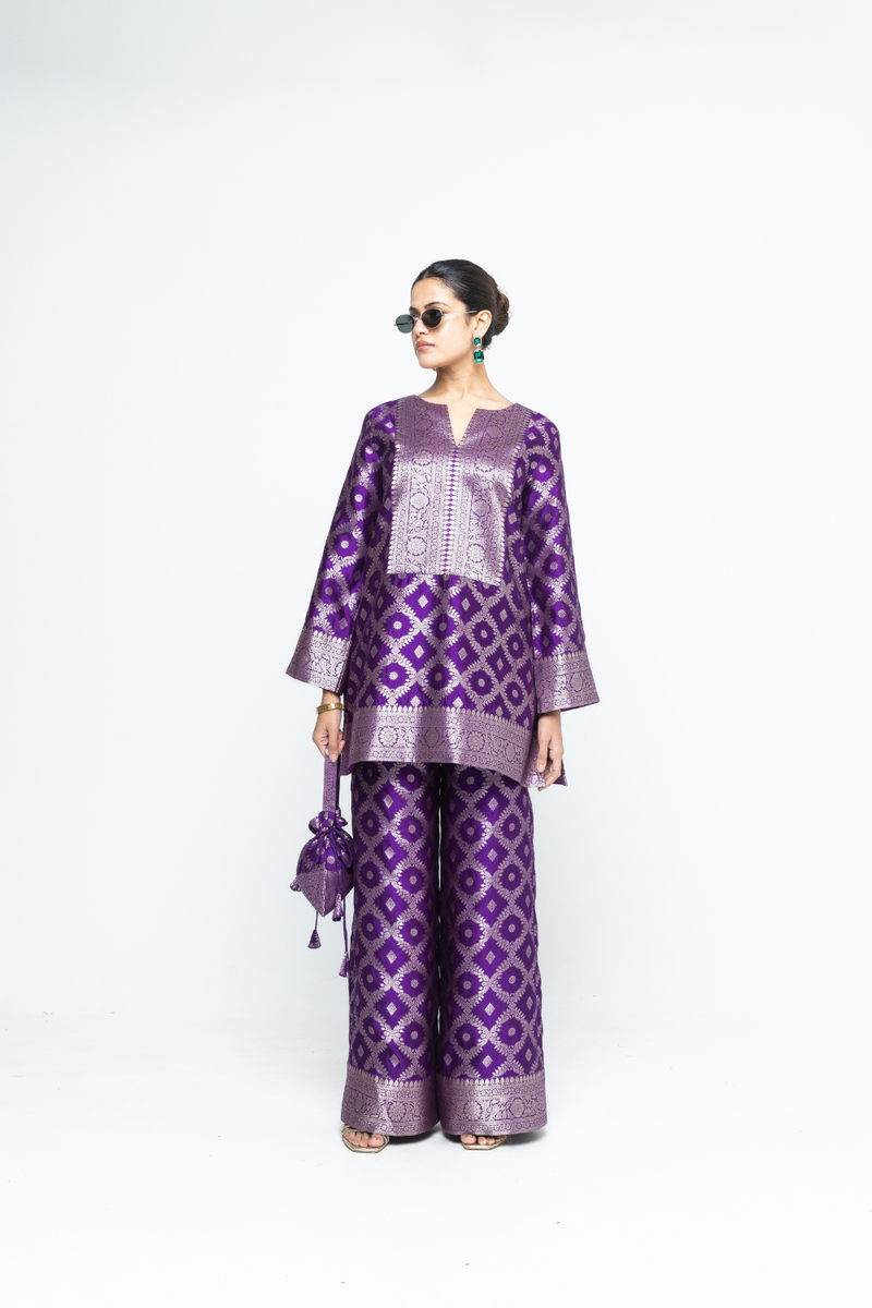 Heera - Brocade Jaal Kurta with Pants - Purple silk by SOBARIKO in purple color for women Worldwide