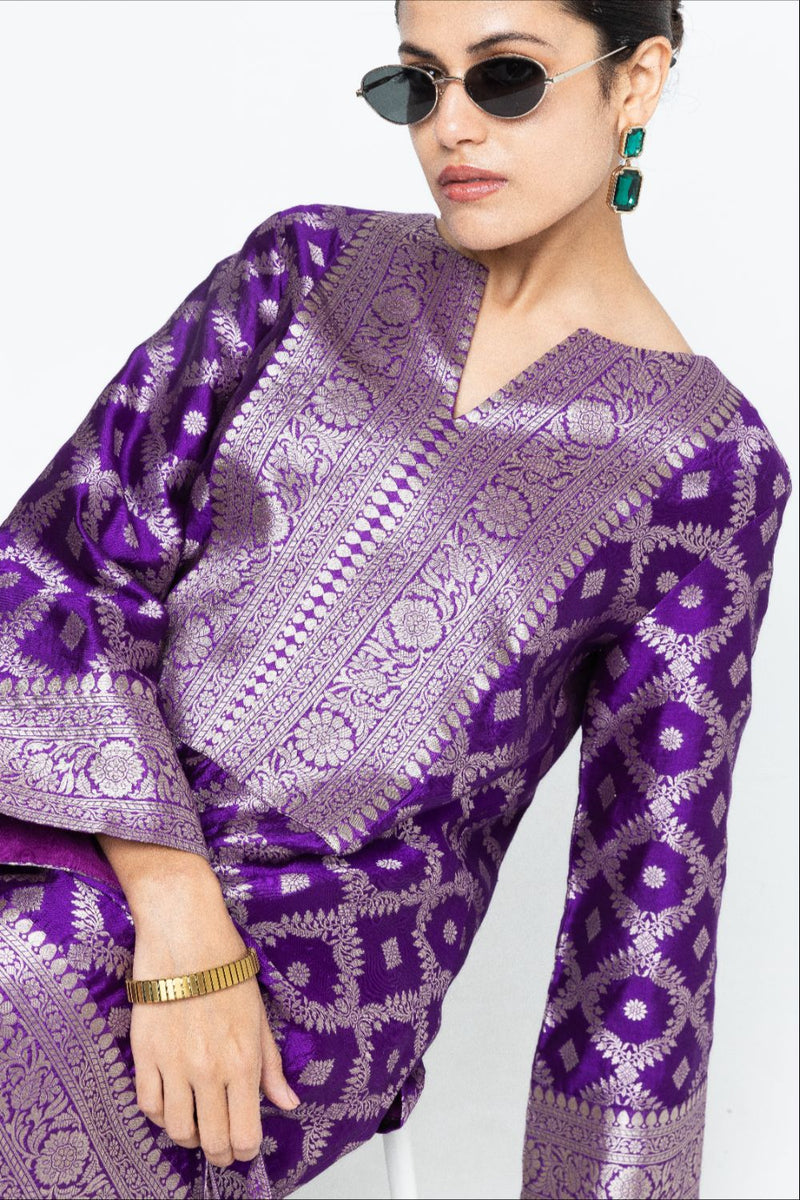 Heera - Brocade Jaal Kurta with Pants - Purple silk by SOBARIKO in purple color for women Worldwide