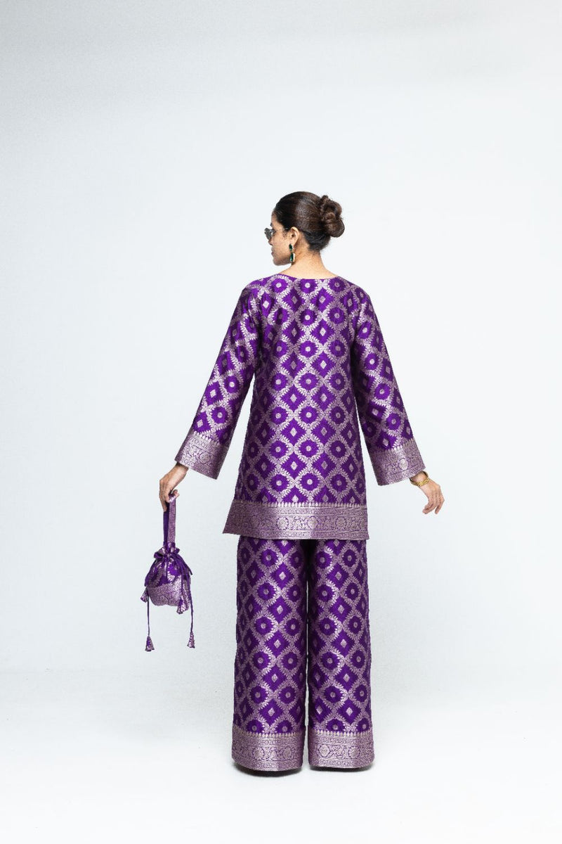 Heera - Brocade Jaal Kurta with Pants - Purple silk by SOBARIKO in purple color for women Worldwide