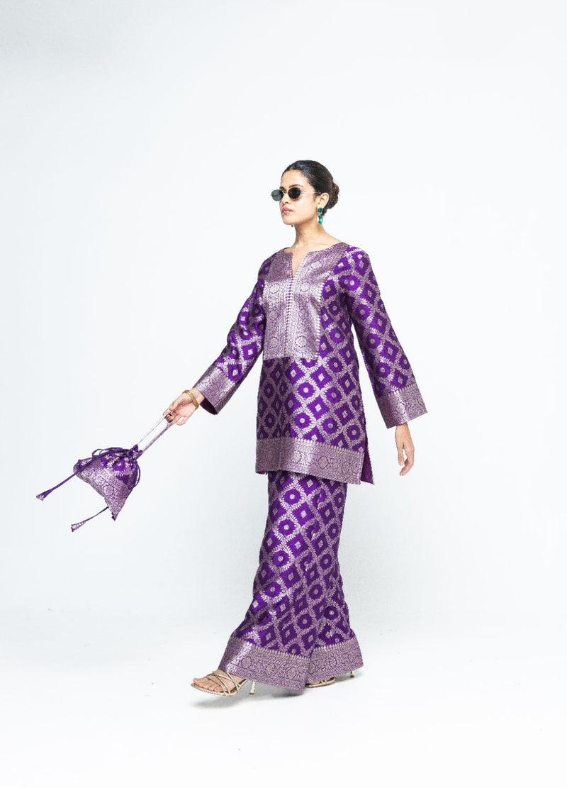 Heera - Brocade Jaal Kurta with Pants - Purple silk by SOBARIKO in purple color for women Worldwide