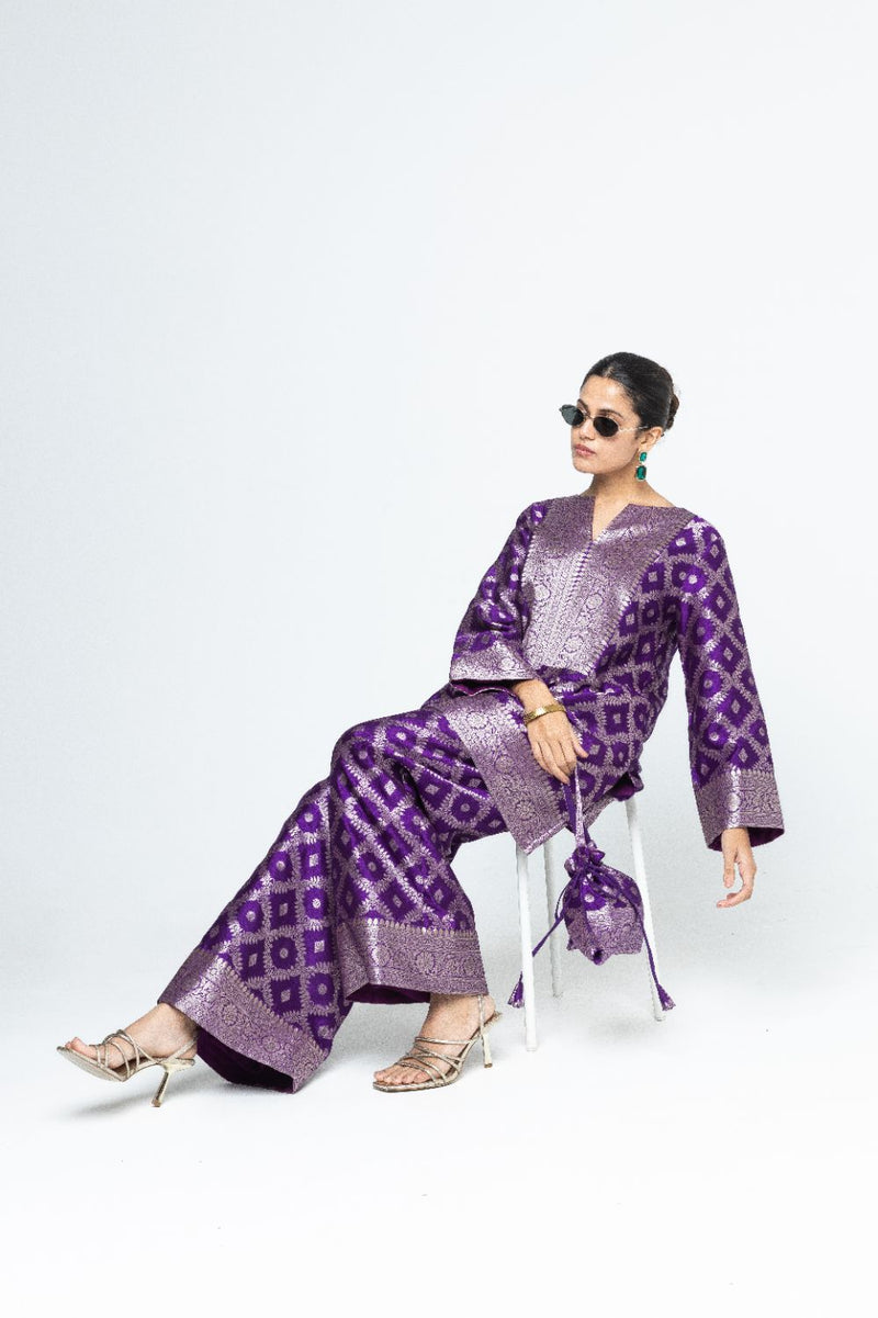 Heera - Brocade Jaal Kurta with Pants - Purple silk by SOBARIKO in purple color for women Worldwide
