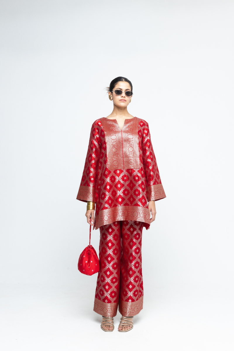 Heera - Brocade Jaal Kurta with Pants - Red silk by SOBARIKO in red color for women Worldwide