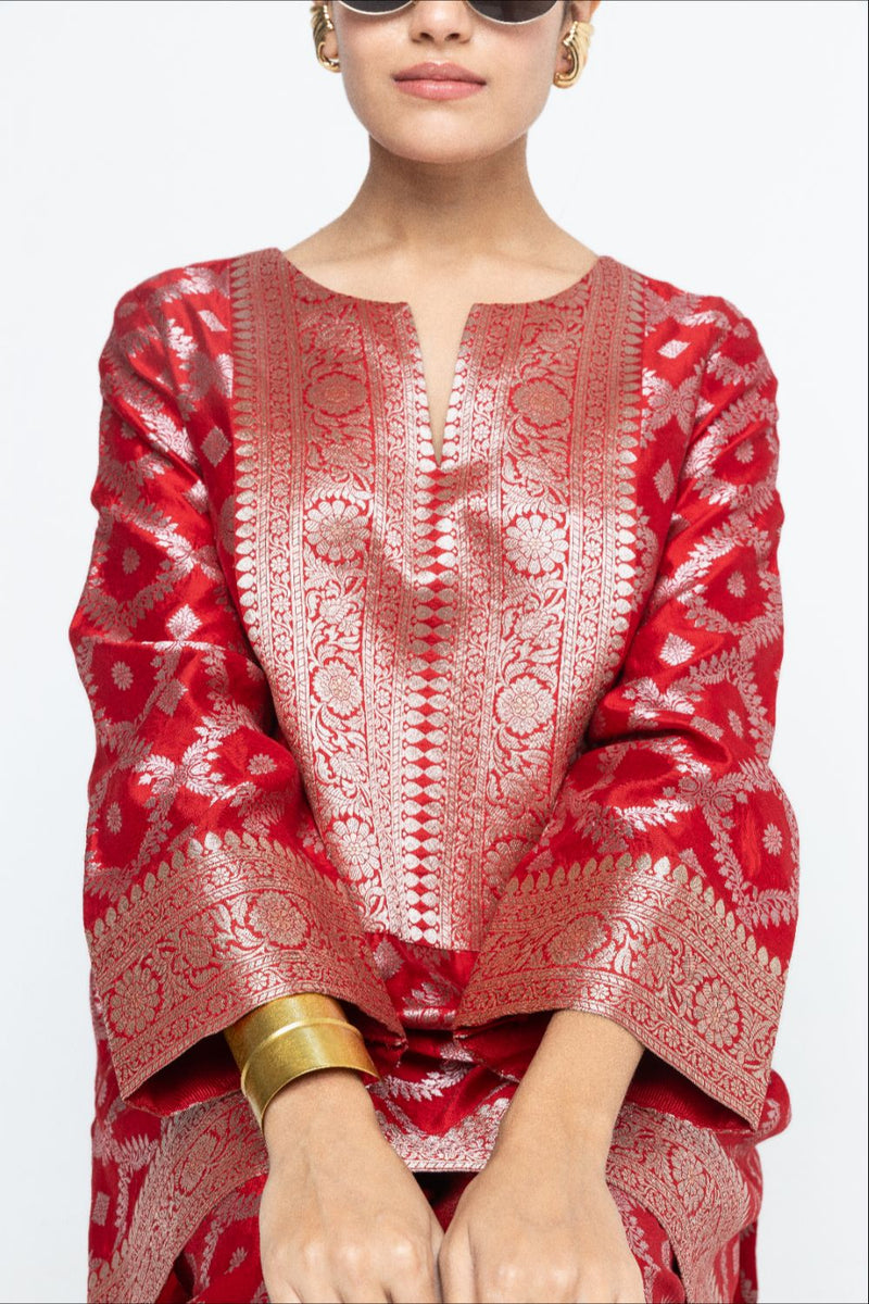Heera - Brocade Jaal Kurta with Pants - Red silk by SOBARIKO in red color for women Worldwide