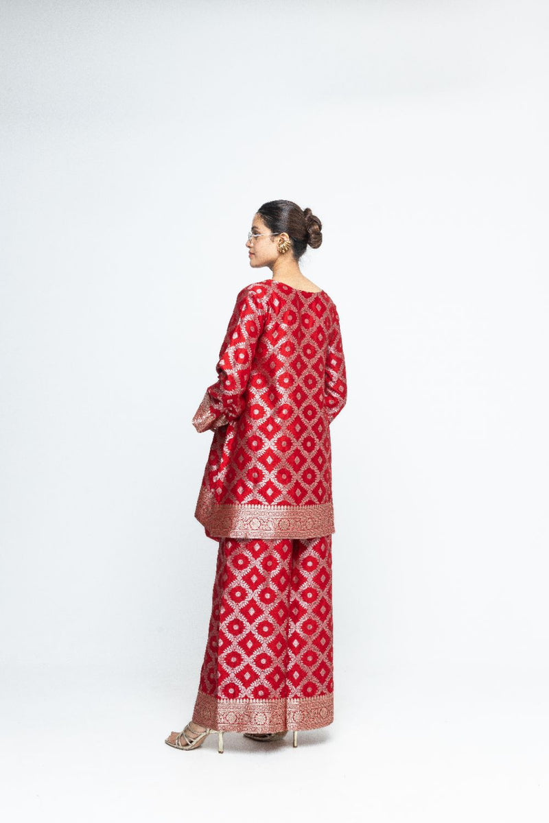 Heera - Brocade Jaal Kurta with Pants - Red silk by SOBARIKO in red color for women Worldwide