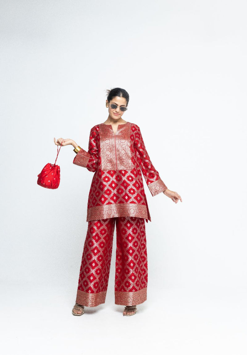 Heera - Brocade Jaal Kurta with Pants - Red silk by SOBARIKO in red color for women Worldwide