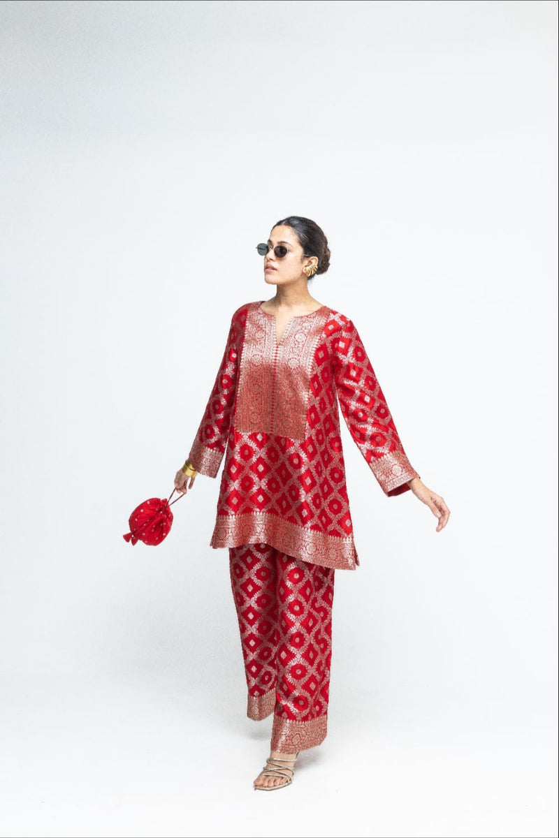 Heera - Brocade Jaal Kurta with Pants - Red silk by SOBARIKO in red color for women Worldwide