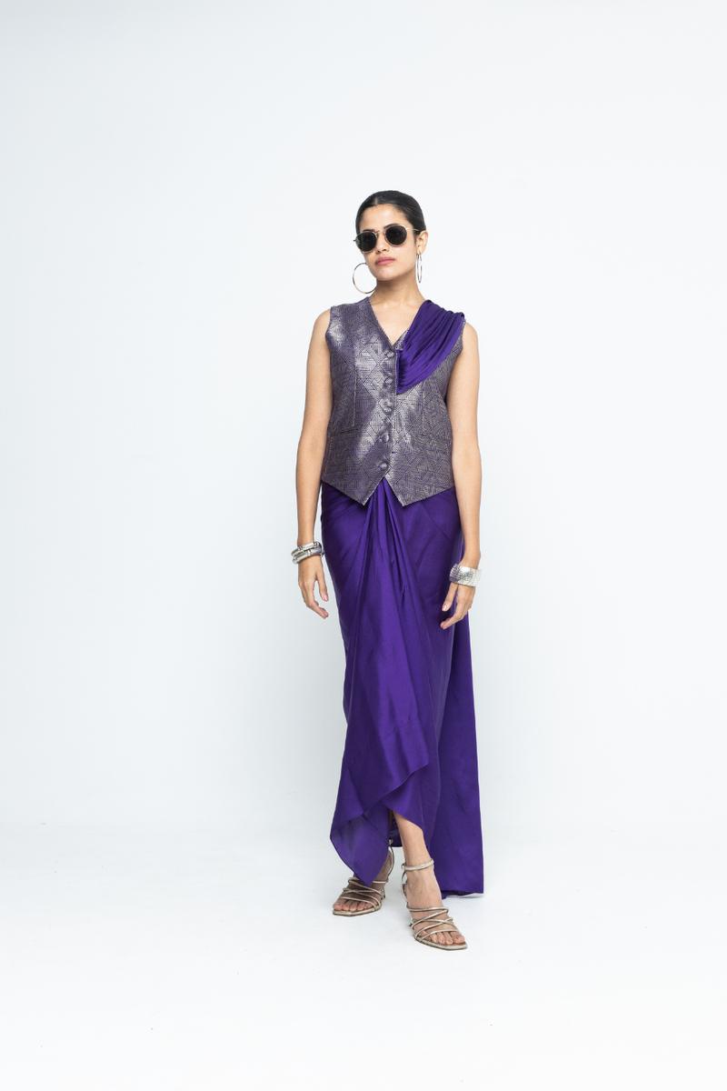 Kiara - Statement Waistcoat saree - Purple satin by SOBARIKO in purple color for women Worldwide