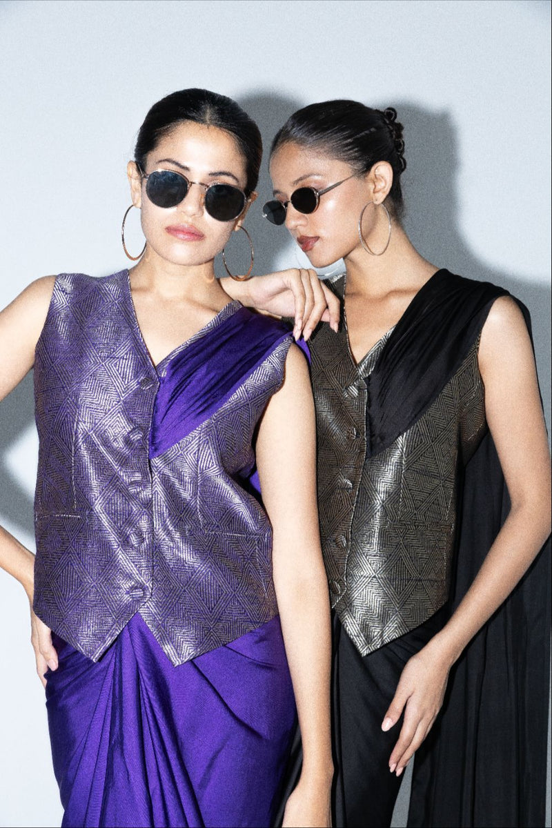 Kiara - Statement Waistcoat saree - Purple satin by SOBARIKO in purple color for women Worldwide