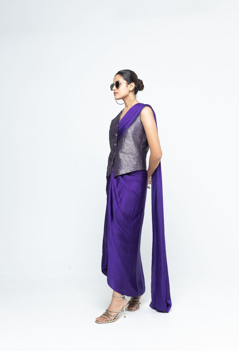 Kiara - Statement Waistcoat saree - Purple satin by SOBARIKO in purple color for women Worldwide