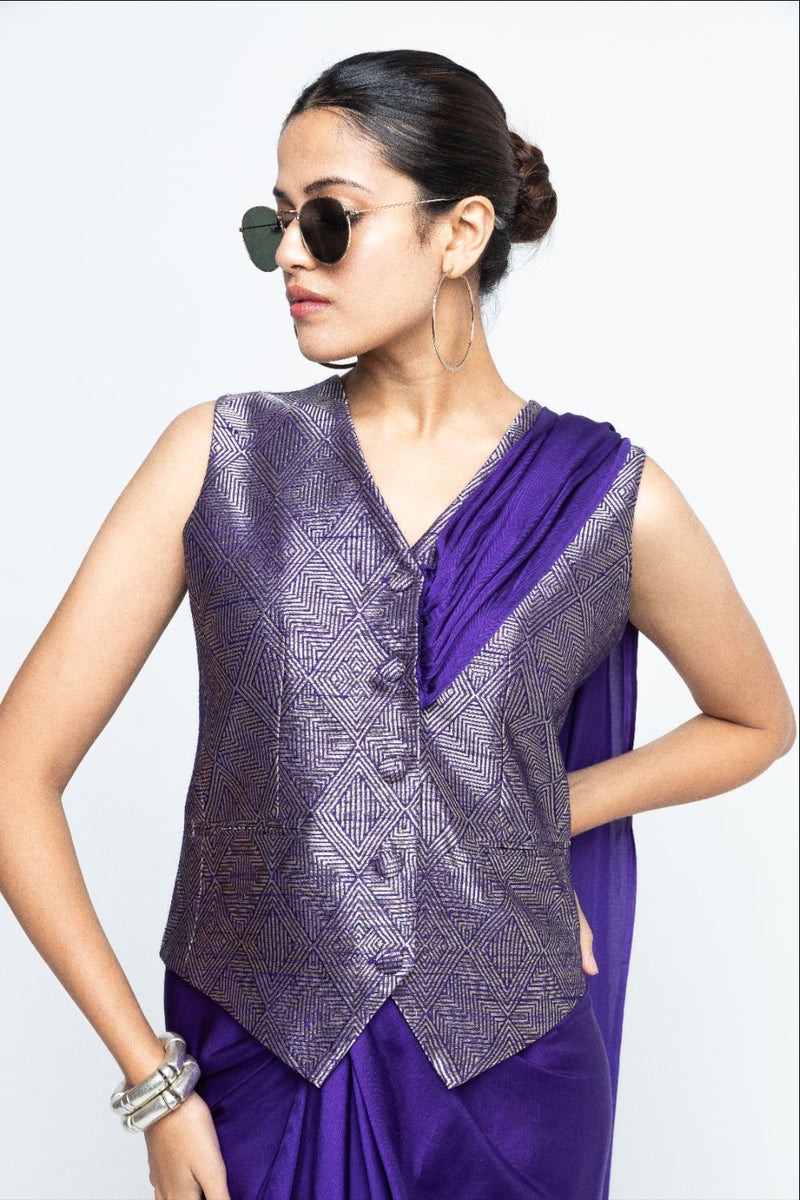 Kiara - Statement Waistcoat saree - Purple satin by SOBARIKO in purple color for women Worldwide