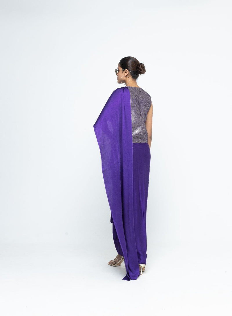 Kiara - Statement Waistcoat saree - Purple satin by SOBARIKO in purple color for women Worldwide