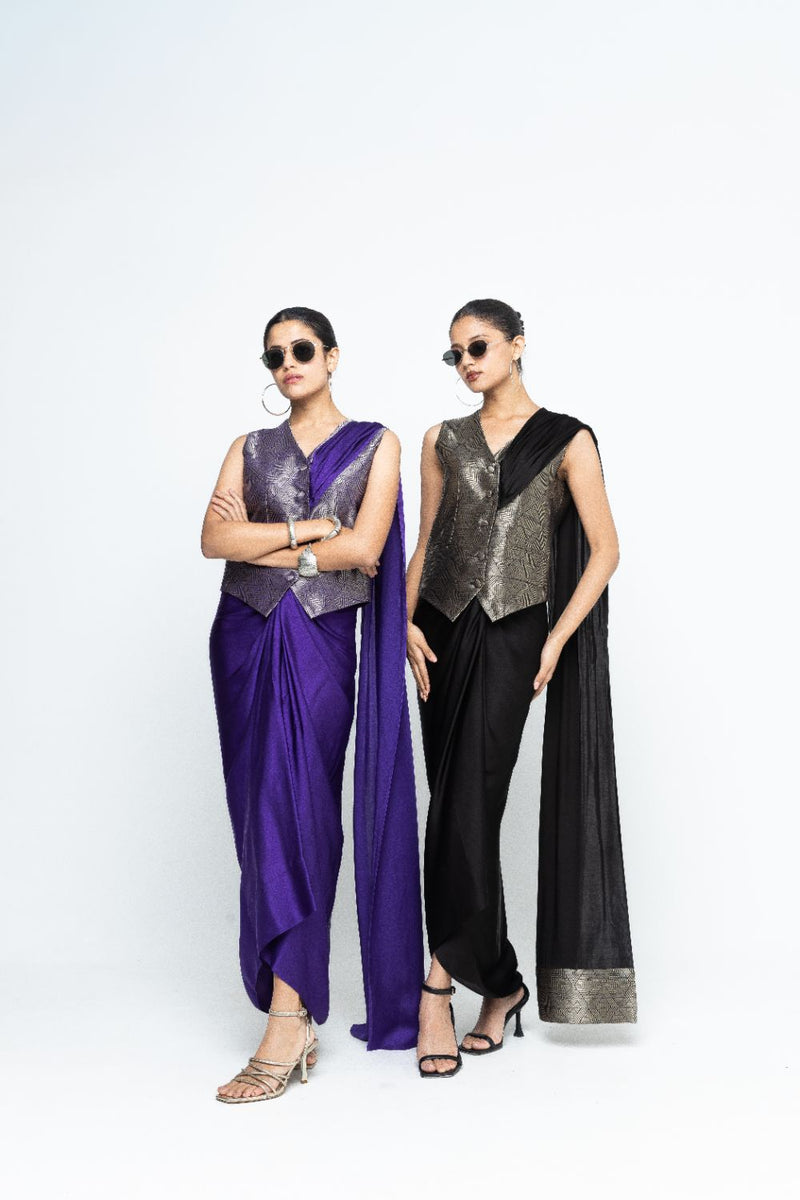 Kiara - Statement Waistcoat saree - Purple satin by SOBARIKO in purple color for women Worldwide