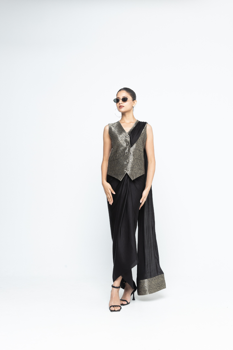 Kiara - Statement Waistcoat saree - Black satin by SOBARIKO in black color for women Worldwide